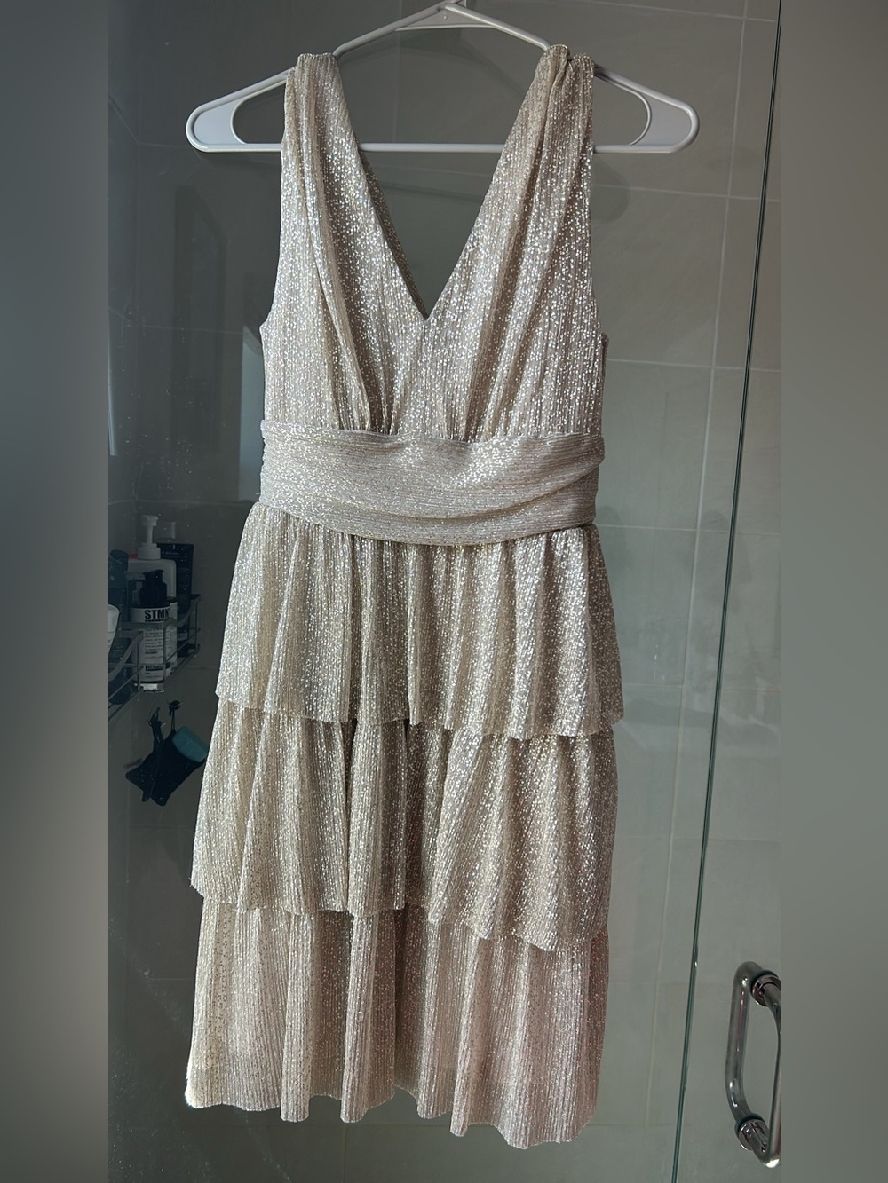 Gold metallic Faye tiered Sleeveless V-Neck Tiered Champagne Sequin Dress